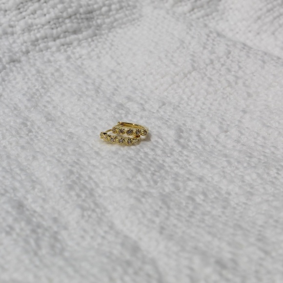 Sterling Silver Gold Huggie Hoops with Row of Isolated Simulated Diamonds - Picture 7 of 12